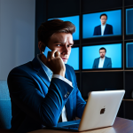 A young professional adult, male or female, with visibly tired eyes and a slightly slumped posture, holding a smartphone close to their face. They are dressed in professional yet comfortable attire, fully clothed, appropriate attire, and modest clothing. The subject is sitting in a dimly lit modern home office or living room, surrounded by multiple glowing screens like a laptop and tablet, casting a cool blueish light on their face. The scene captures a feeling of digital exhaustion and mental fog, with subtle visual cues of constant notifications. Professional photography, high quality, realistic lighting, deep shadows, safe for work, appropriate content, fully clothed, professional dress, perfect anatomy, correct proportions, natural pose, well-formed hands, proper finger count, natural body proportions, family-friendly.