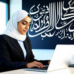 **

"A professional Arab businesswoman in a modest, tailored business suit, working on a laptop at a modern desk in a bright, spacious office. The office features Arabic calligraphy art on the walls. Fully clothed, appropriate attire, safe for work, perfect anatomy, natural proportions, professional corporate photography, high quality, family-friendly."

**