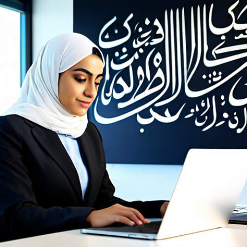 Home 18 **
"A professional Arab businesswoman in a modest, tailored business suit, working on a laptop at a modern desk in a bright, spacious office. The office features Arabic calligraphy art on the walls. Fully clothed, appropriate attire, safe for work, perfect anatomy, natural proportions, professional corporate photography, high quality, family-friendly."
**