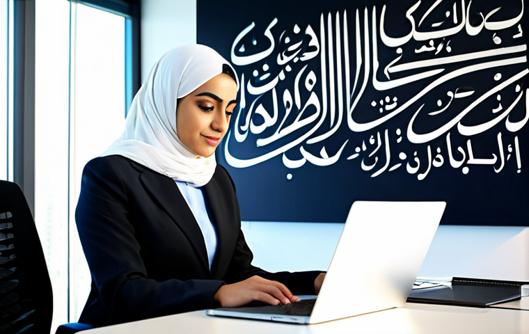 **
"A professional Arab businesswoman in a modest, tailored business suit, working on a laptop at a modern desk in a bright, spacious office. The office features Arabic calligraphy art on the walls. Fully clothed, appropriate attire, safe for work, perfect anatomy, natural proportions, professional corporate photography, high quality, family-friendly."
**
