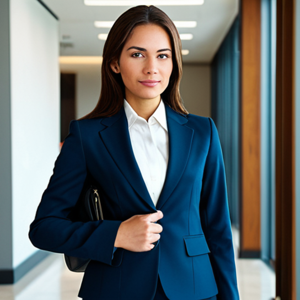 디지털디톡스와 직장 생활에서의 적용 - Business Professional**

"A professional businesswoman in a modest business suit, standing confident...