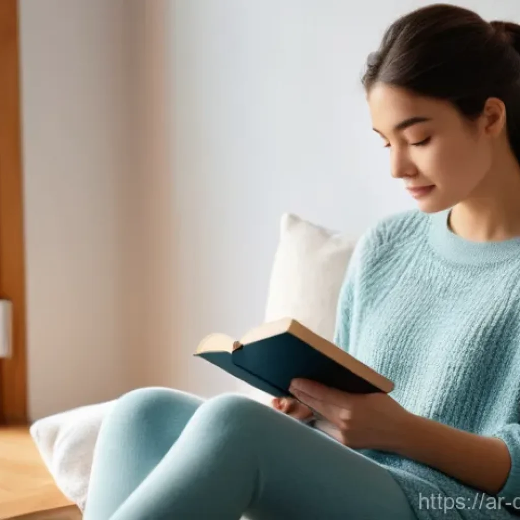 디지털디톡스와 불안감 해소 - A Serene Digital Disconnect**
**Prompt:** A young adult woman, dressed in modest, comfortable lounge...