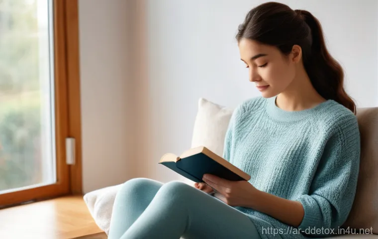 디지털디톡스와 불안감 해소 - A Serene Digital Disconnect**
**Prompt:** A young adult woman, dressed in modest, comfortable lounge...