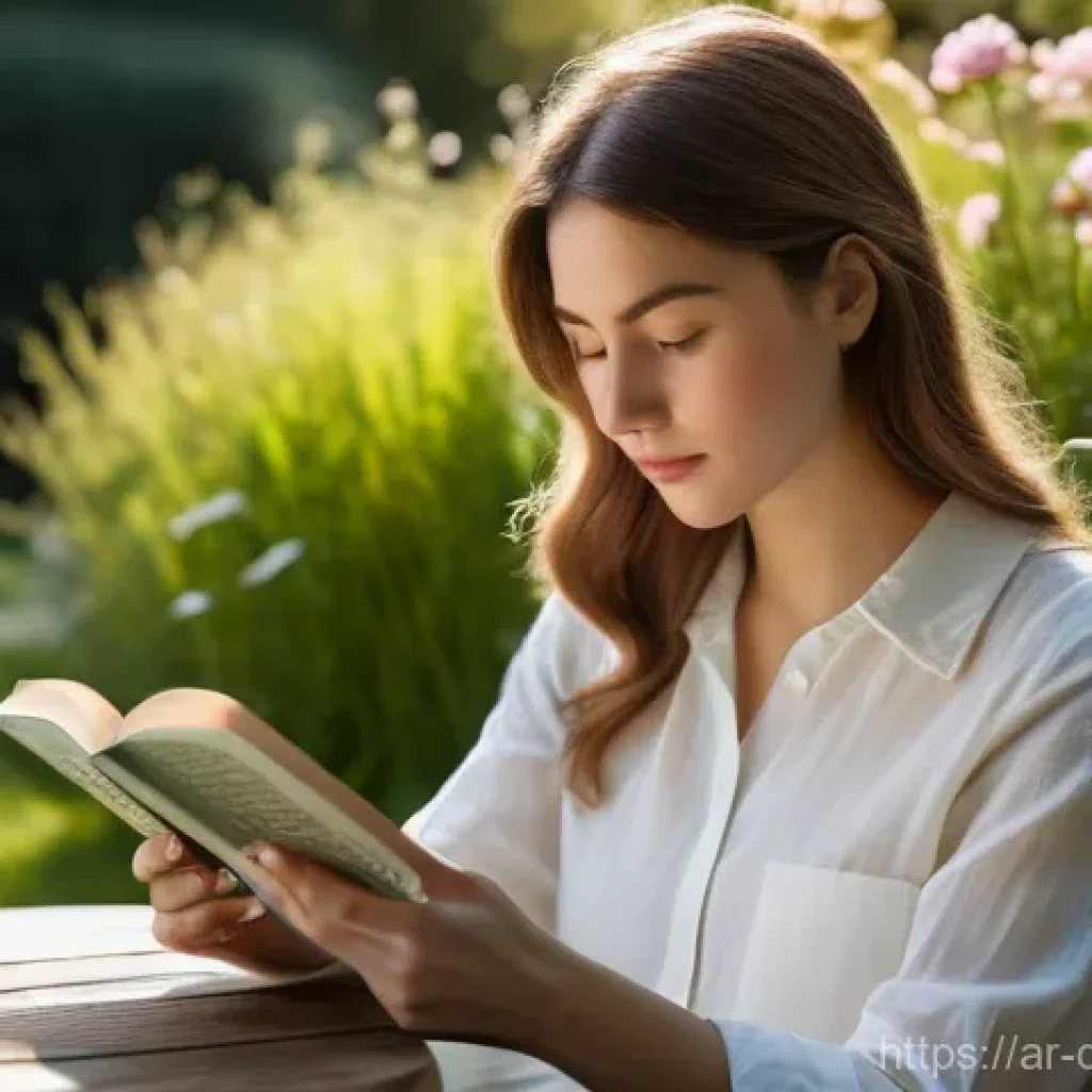 디지털디톡스와 개인적인 성장 - A young woman in her late 20s, dressed in a modest, comfortable long-sleeved shirt and trousers, sit...