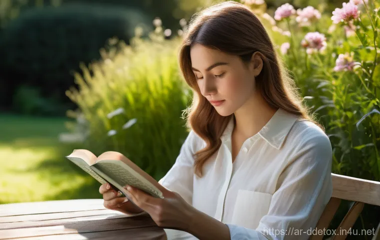 디지털디톡스와 개인적인 성장 - A young woman in her late 20s, dressed in a modest, comfortable long-sleeved shirt and trousers, sit...