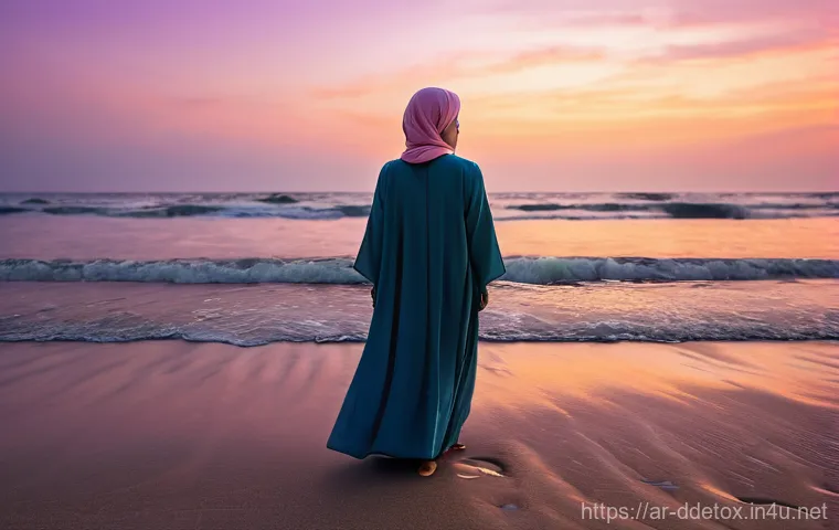 디지털디톡스와 여가 시간 활용 - **Prompt:** A young Arab woman, dressed modestly in a long, flowing abaya and a simple headscarf, st...
