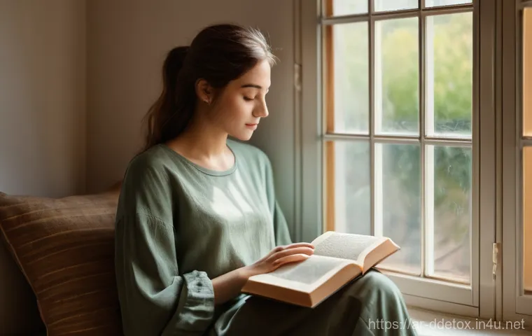 디지털디톡스 집중력 향상 - **Prompt:** A young woman, gracefully dressed in a modest, comfortable long-sleeved top and trousers...