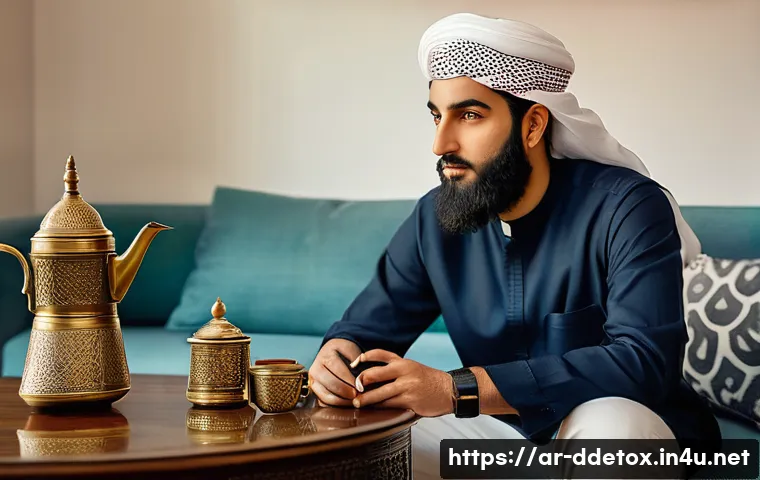 디지털디톡스와 정신적 치유 - **Prompt 1: The Digital Gaze**
    A candid, realistic photograph of an Arab man in his late 20s, wi...