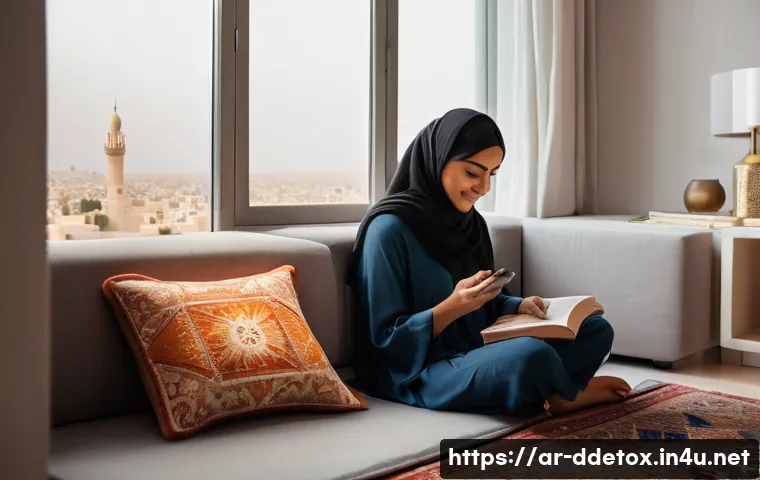 디지털디톡스 디지털 미니멀리즘 - A serene indoor scene featuring an Arab adult woman sitting peacefully in a modern living room, gent...