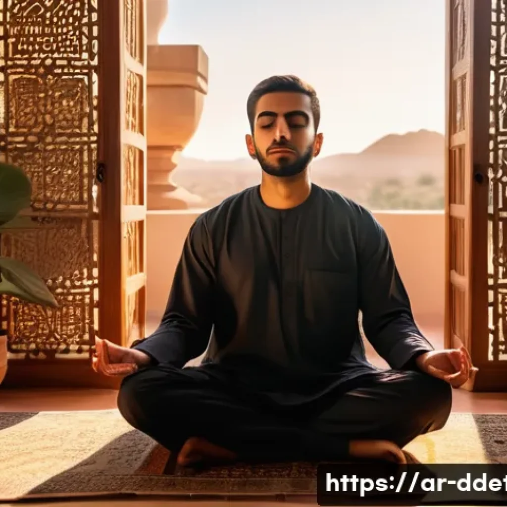 디지털디톡스와 뇌의 활성화 - A serene Middle Eastern living room scene at sunset, featuring a young Arab man sitting cross-legged...