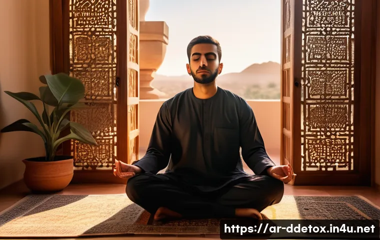 디지털디톡스와 뇌의 활성화 - A serene Middle Eastern living room scene at sunset, featuring a young Arab man sitting cross-legged...
