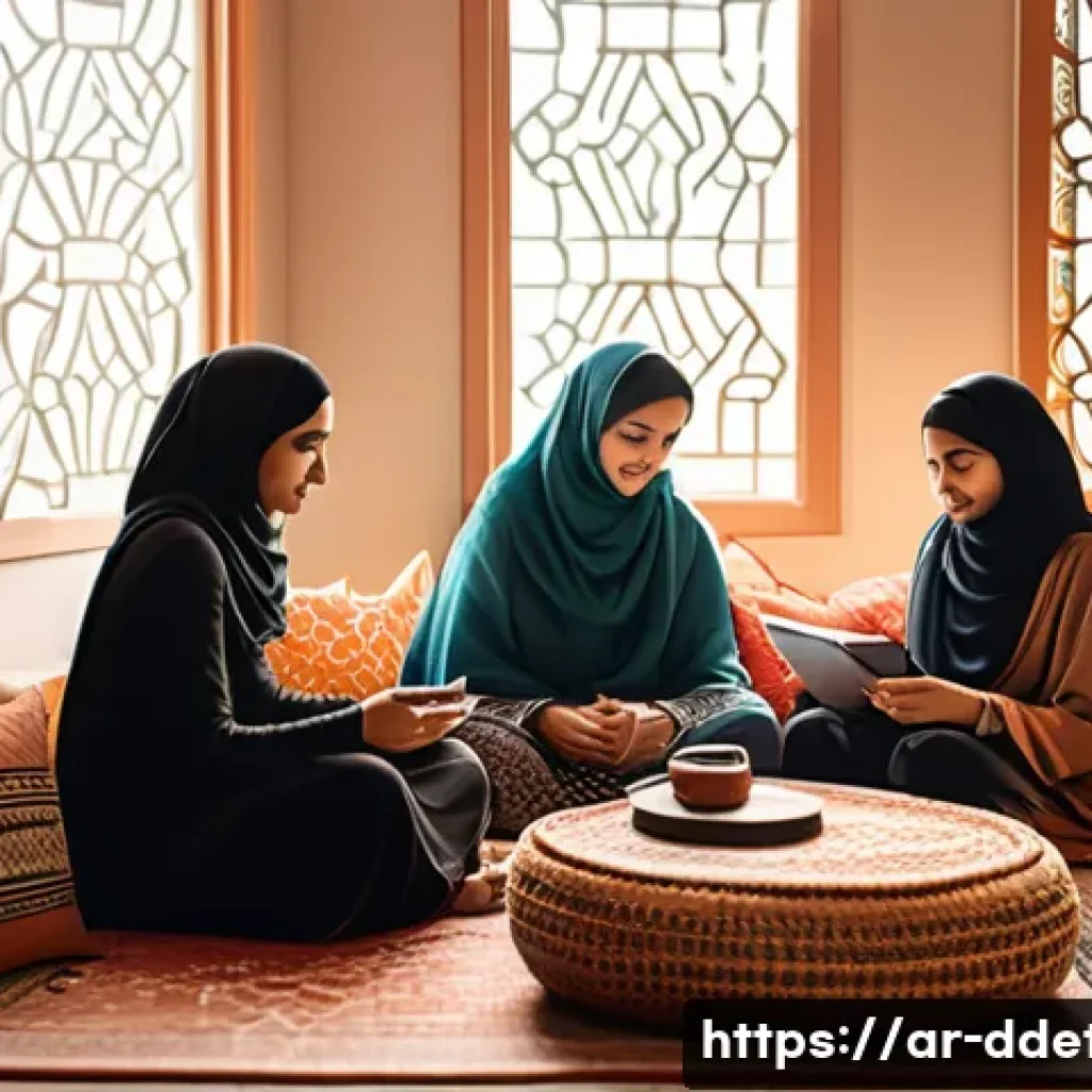 디지털디톡스 스마트폰 끄는 법 - A cozy modern Arabic living room scene in the morning light, featuring a family sitting together aro...