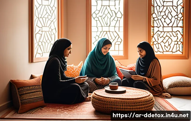디지털디톡스 스마트폰 끄는 법 - A cozy modern Arabic living room scene in the morning light, featuring a family sitting together aro...