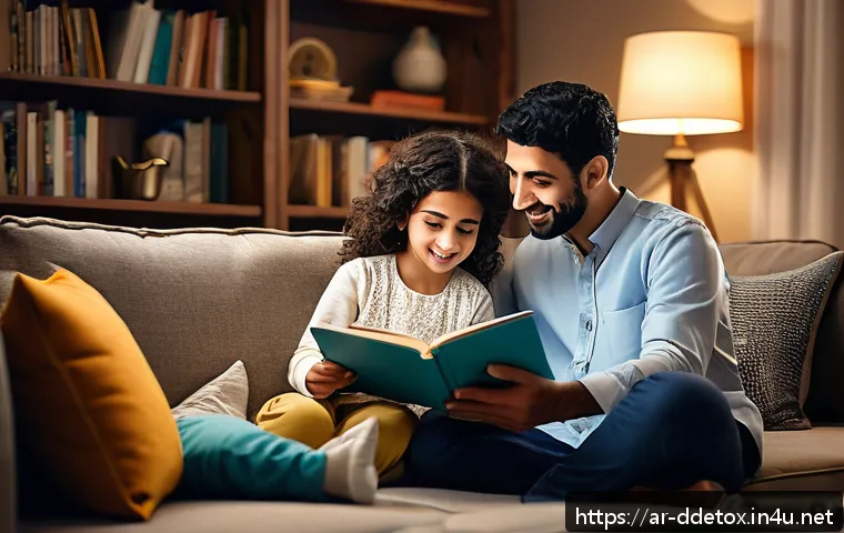 디지털디톡스와 삶의 질 향상 - A peaceful Middle Eastern family sitting together in a cozy, device-free living room designed with t...