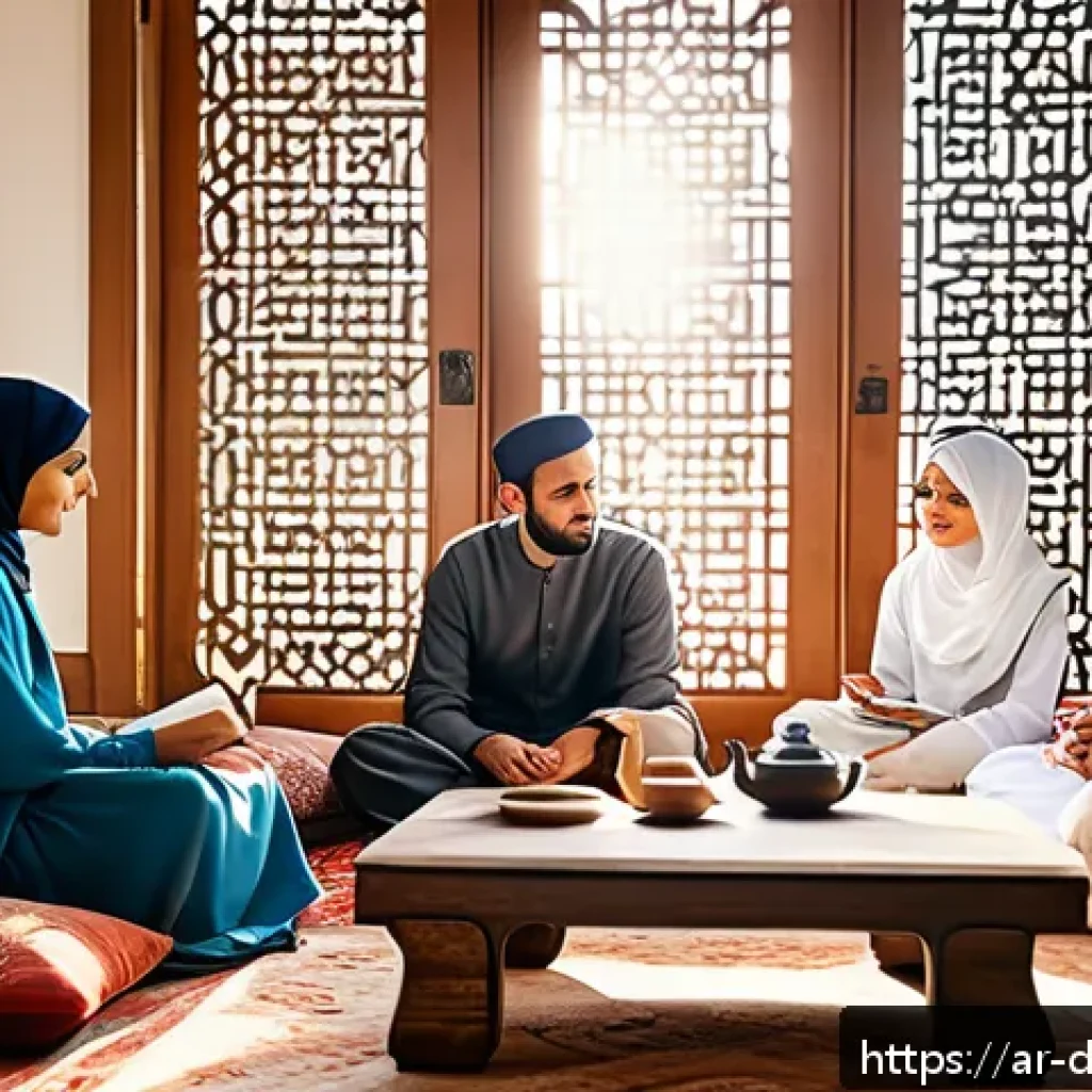 디지털디톡스 프로그램 - A serene morning scene of an Arabic family in traditional clothing gathered around a low table in a ...
