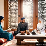 디지털디톡스 프로그램 - A serene morning scene of an Arabic family in traditional clothing gathered around a low table in a ...