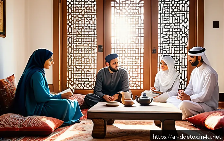 디지털디톡스 프로그램 - A serene morning scene of an Arabic family in traditional clothing gathered around a low table in a ...