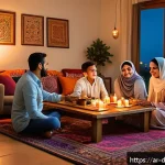디지털디톡스와 대면 소통 - A cozy Arabic family living room scene in the evening with warm, soft lighting and traditional Middl...