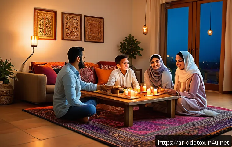 디지털디톡스와 대면 소통 - A cozy Arabic family living room scene in the evening with warm, soft lighting and traditional Middl...