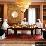 디지털디톡스와 스마트폰 앱 삭제 - A serene Arabic family dining room scene during sunset, featuring a traditional Middle Eastern table...