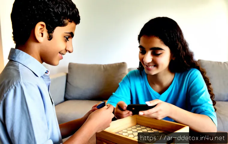 디지털디톡스와 청소년 스마트폰 규제 - Photorealistic Arab family digital detox scene in a sunlit modern living room, teenage girl and teen...