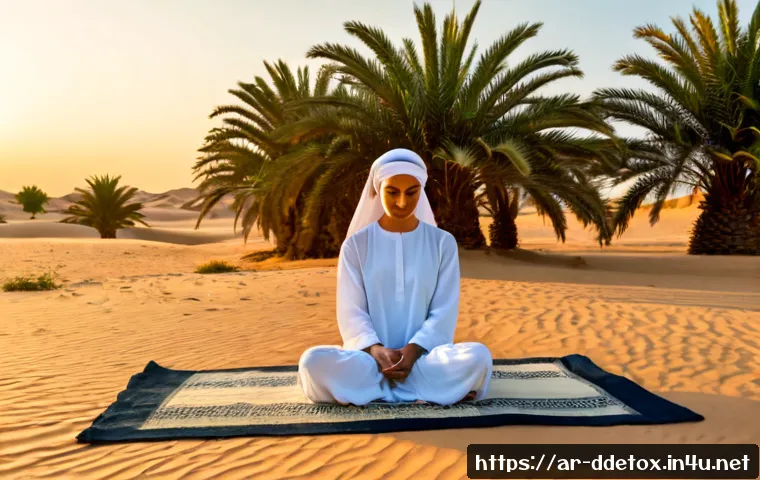 디지털디톡스 명상과 자연 - Photorealistic serene digital detox meditation scene in a quiet desert oasis at sunrise, Arab adult ...