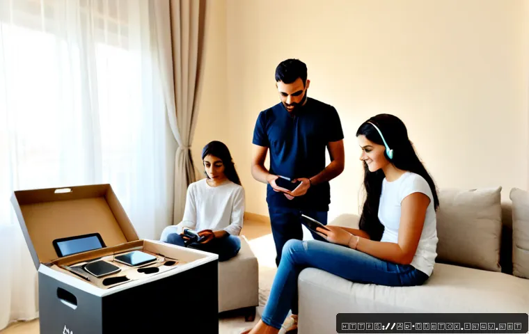 디지털디톡스와 전자기기 수거 - Photorealistic modern Arab family in a bright, calm living room during a digital detox, parents and ...